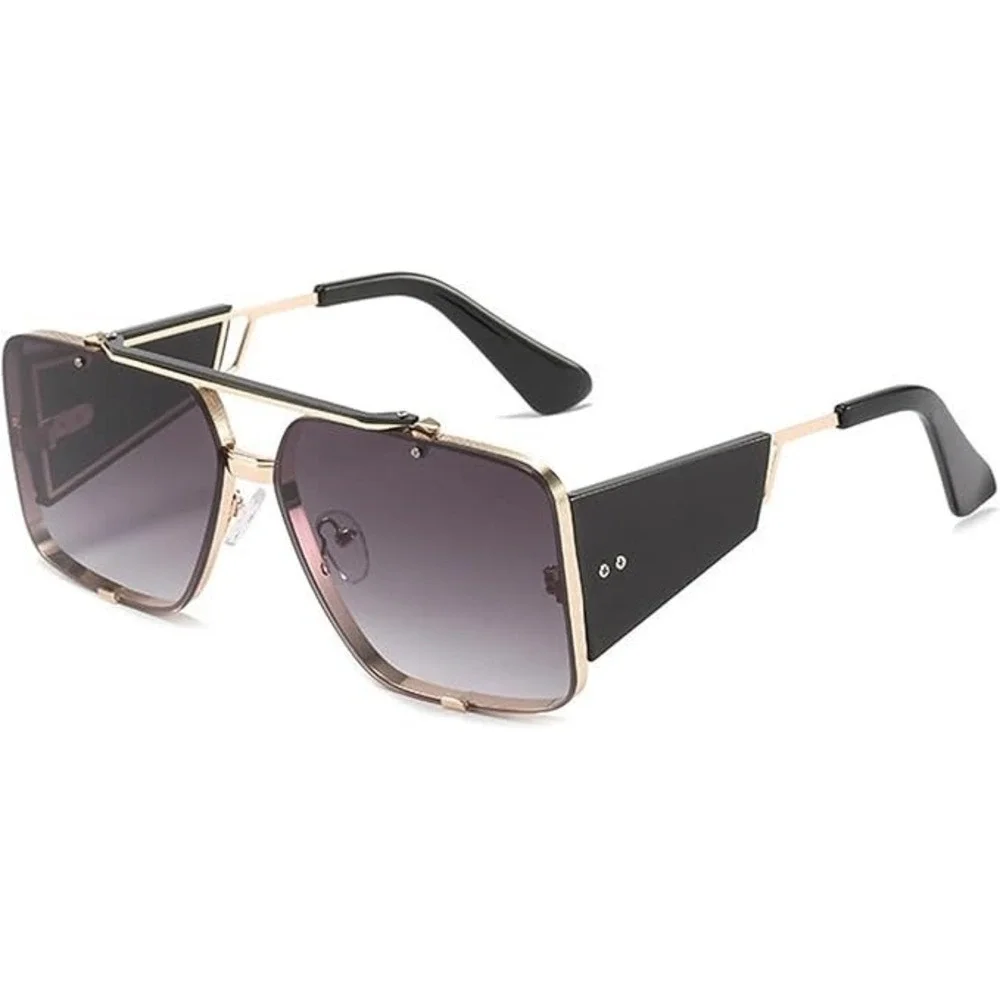 Mens Oversized Square Shield Sunglasses Gradient‎ Lens Gold Frame Lentes Gafas